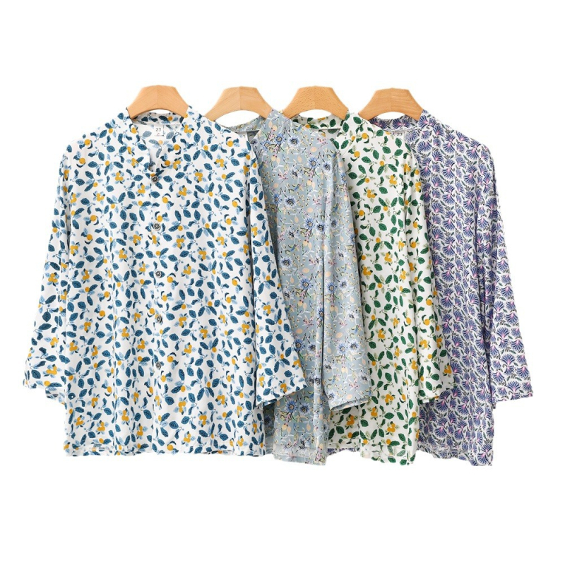 Кардиган риза със смес от памук и вискоза, стояща яка, дълги ръкави, модел с разбити цветя