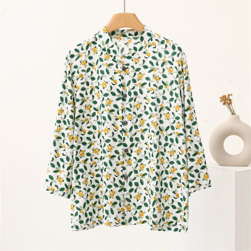 Кардиган риза със смес от памук и вискоза, стояща яка, дълги ръкави, модел с разбити цветя