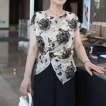 Tricou de vară pentru femei cu mânecă scurtă, stil office, imprimeu cu flori rupte, poliester 90–95%, vară 2025