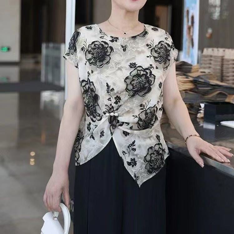 Tricou de vară pentru femei cu mânecă scurtă, stil office, imprimeu cu flori rupte, poliester 90–95%, vară 2025