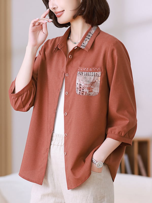 Женска риза от полиестер 80–90% и коноп (<30%), свободна кройка, ръкав 7/8, яка с ревера, дължина 50–65 см