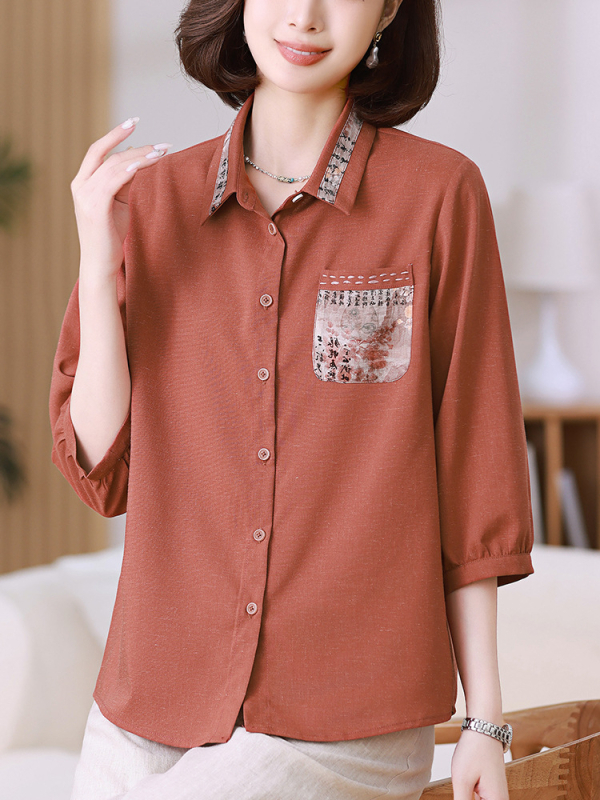 Женска риза от полиестер 80–90% и коноп (<30%), свободна кройка, ръкав 7/8, яка с ревера, дължина 50–65 см