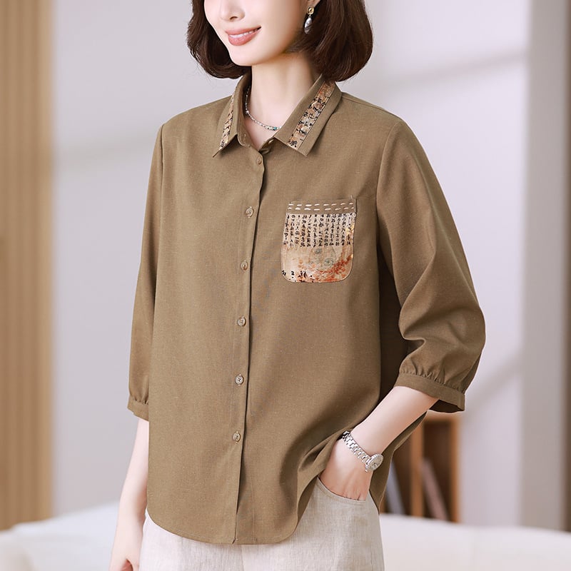 Женска риза от полиестер 80–90% и коноп (<30%), свободна кройка, ръкав 7/8, яка с ревера, дължина 50–65 см