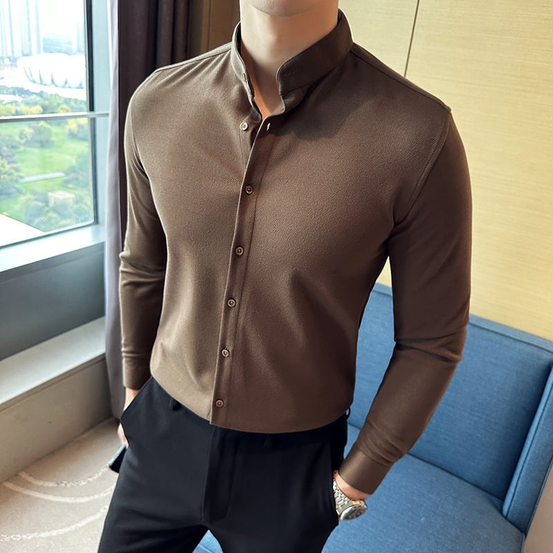 Ανδρικό πουκάμισο – στενή γραμμή, φλις επένδυση, 3/4 μανίκια, φαρδύ γιακά, ύφασμα κάνναβης