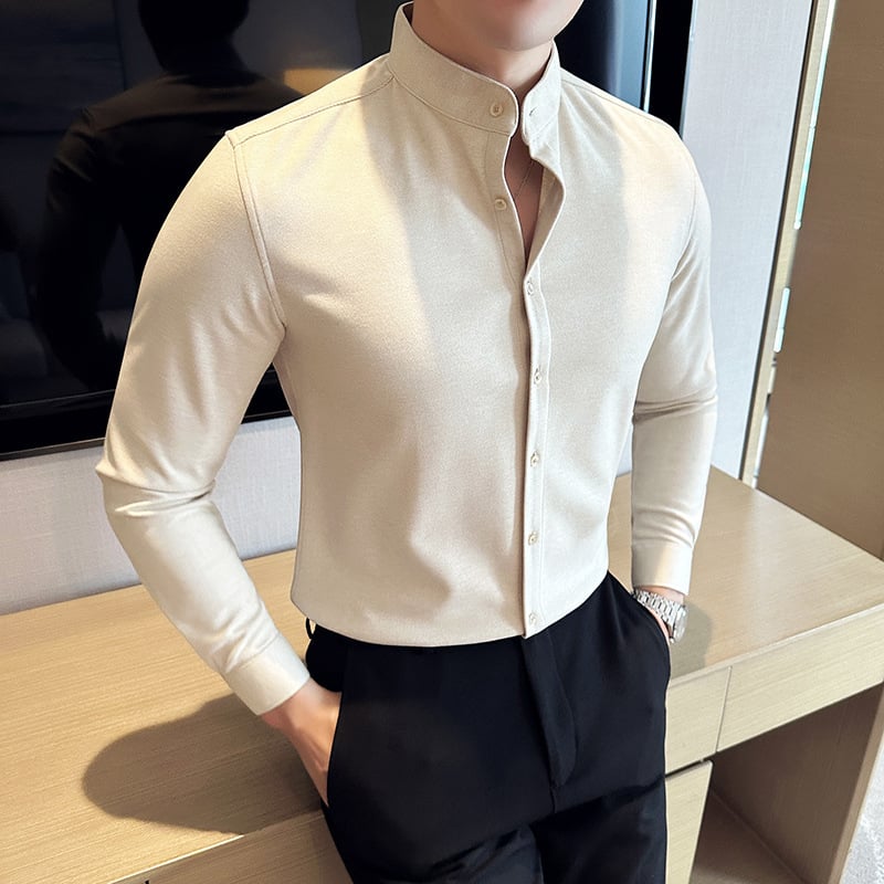 Ανδρικό πουκάμισο – στενή γραμμή, φλις επένδυση, 3/4 μανίκια, φαρδύ γιακά, ύφασμα κάνναβης