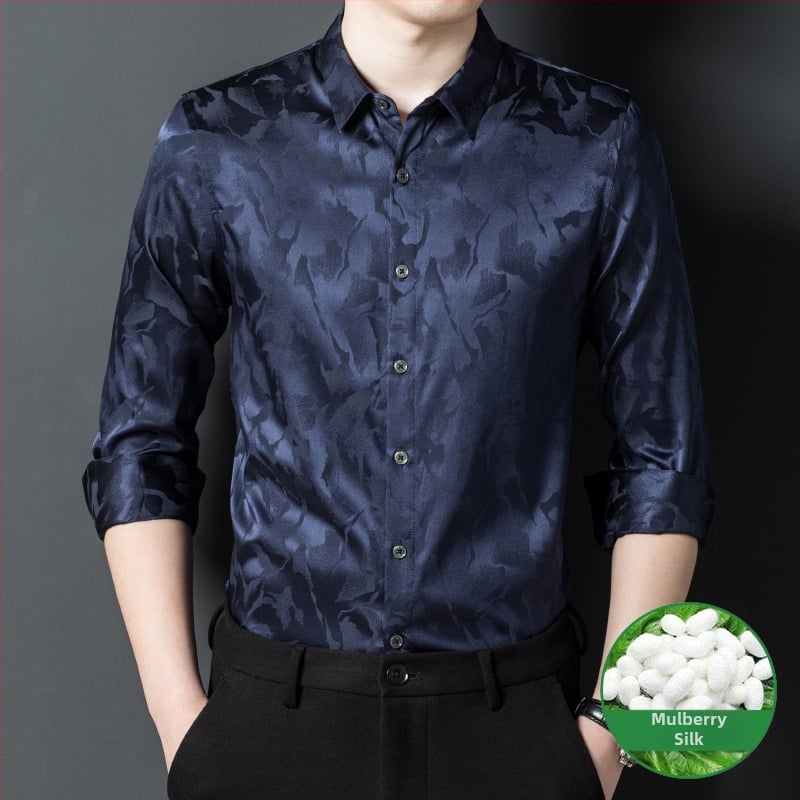 Риза от мулберийска коприна с дълги ръкави, квадратна яка, принт с разбити цветя, тясна кройка