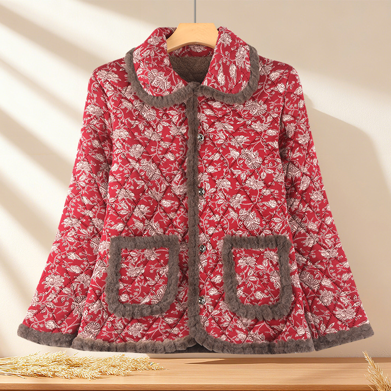 Moteriška medvilninė pūkuota striukė su fleece pamušalu, polo apykaklė, trys mygtukai, geometrijos raštas, žiema 2025