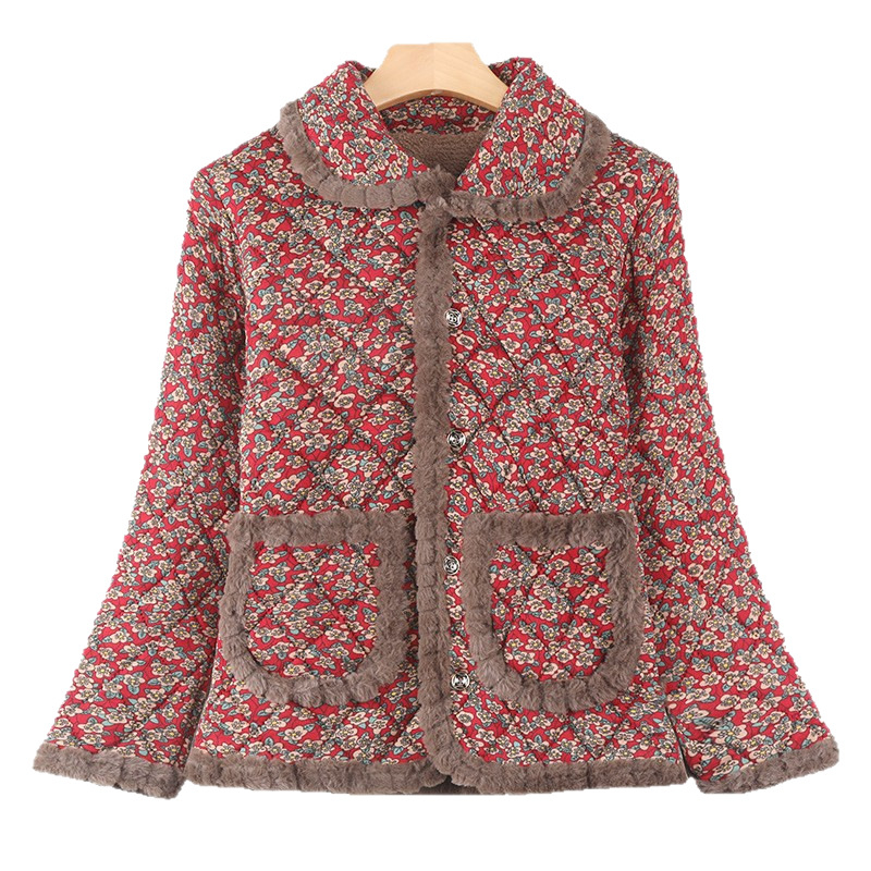 Moteriška medvilninė pūkuota striukė su fleece pamušalu, polo apykaklė, trys mygtukai, geometrijos raštas, žiema 2025