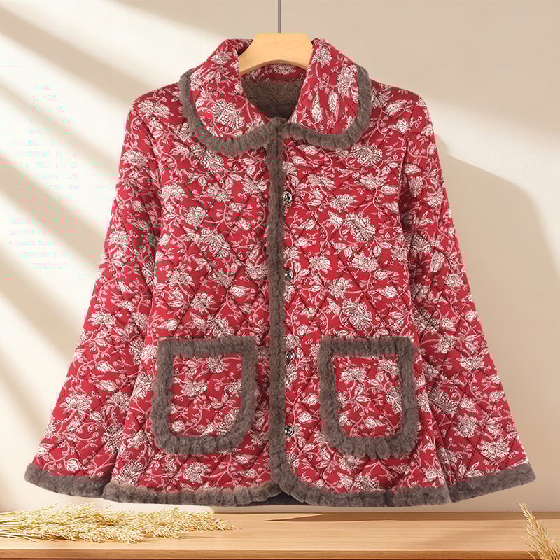 Moteriška medvilninė pūkuota striukė su fleece pamušalu, polo apykaklė, trys mygtukai, geometrijos raštas, žiema 2025