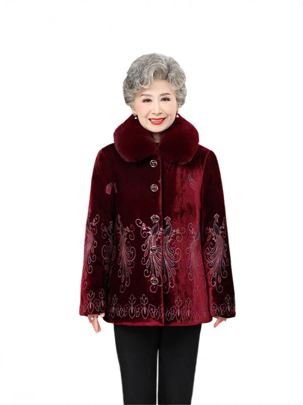 Žieminis medvilninis švarkas vyresnėms moterims su dirbtinės kailio apykakle, aksominis audinys, užpildas iš dirbtinio šilko–medvilnės mišinio, gyvūnų piešinis, vidutinio ilgio, priekyje vienos eilės sagtelėmis užsegimas