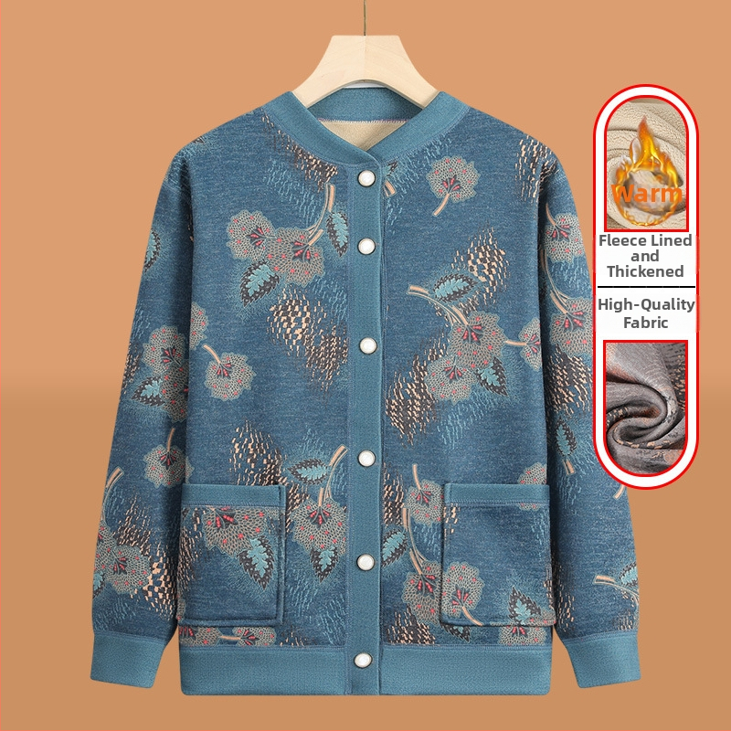 Pletený kardigán pre seniorov s fleecovou podšívkou, zimná sezóna, polyester (>95%), V-krk, dlhý rukáv, ležérny štýl