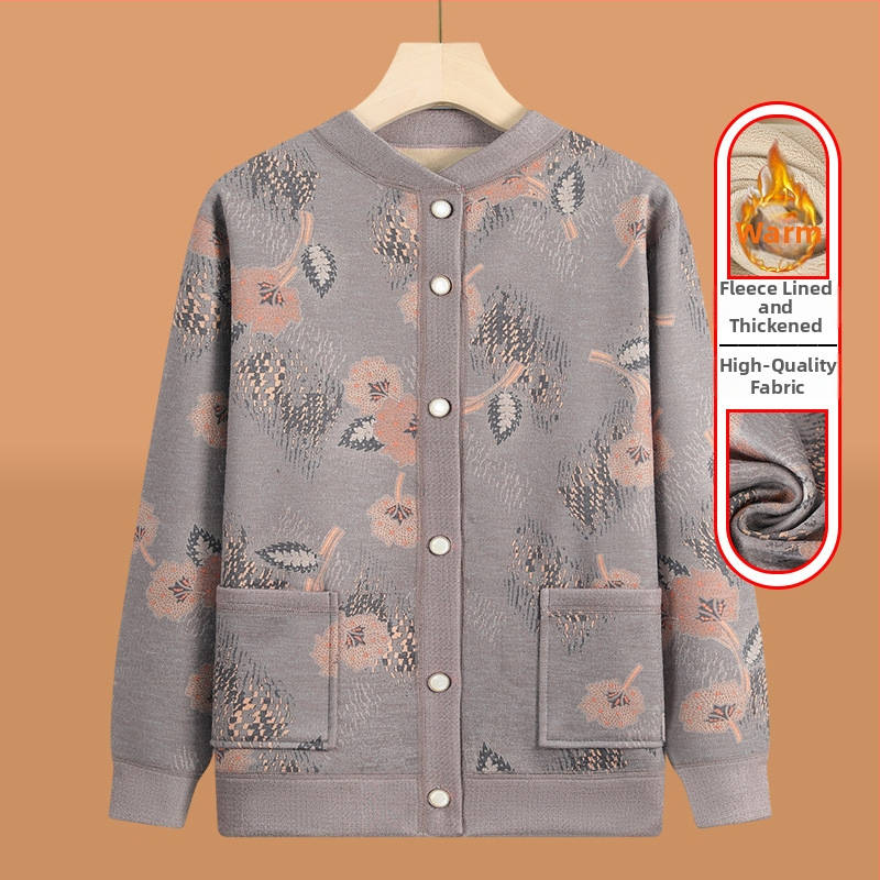 Pletený kardigán pre seniorov s fleecovou podšívkou, zimná sezóna, polyester (>95%), V-krk, dlhý rukáv, ležérny štýl