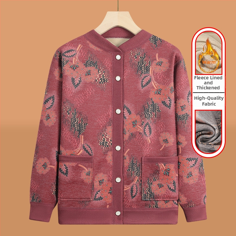 Pletený kardigán pre seniorov s fleecovou podšívkou, zimná sezóna, polyester (>95%), V-krk, dlhý rukáv, ležérny štýl