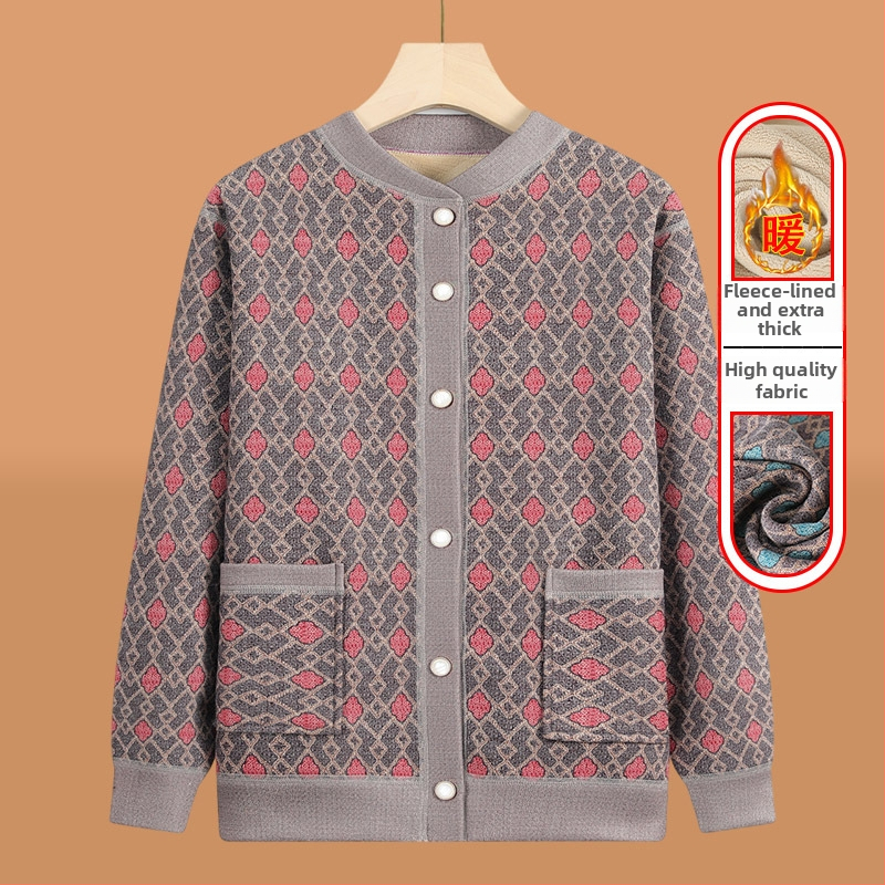 Pletený kardigán pre seniorov s fleecovou podšívkou, zimná sezóna, polyester (>95%), V-krk, dlhý rukáv, ležérny štýl