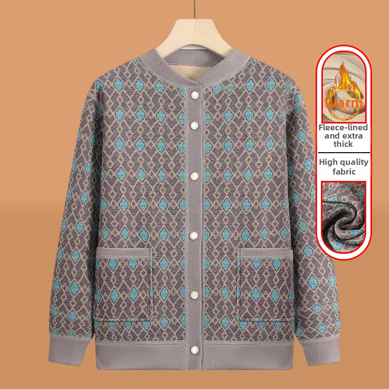 Pletený kardigán pre seniorov s fleecovou podšívkou, zimná sezóna, polyester (>95%), V-krk, dlhý rukáv, ležérny štýl