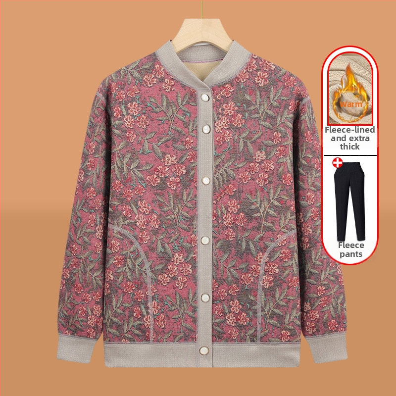 Pletený kardigán pre seniorov s fleecovou podšívkou, zimná sezóna, polyester (>95%), V-krk, dlhý rukáv, ležérny štýl