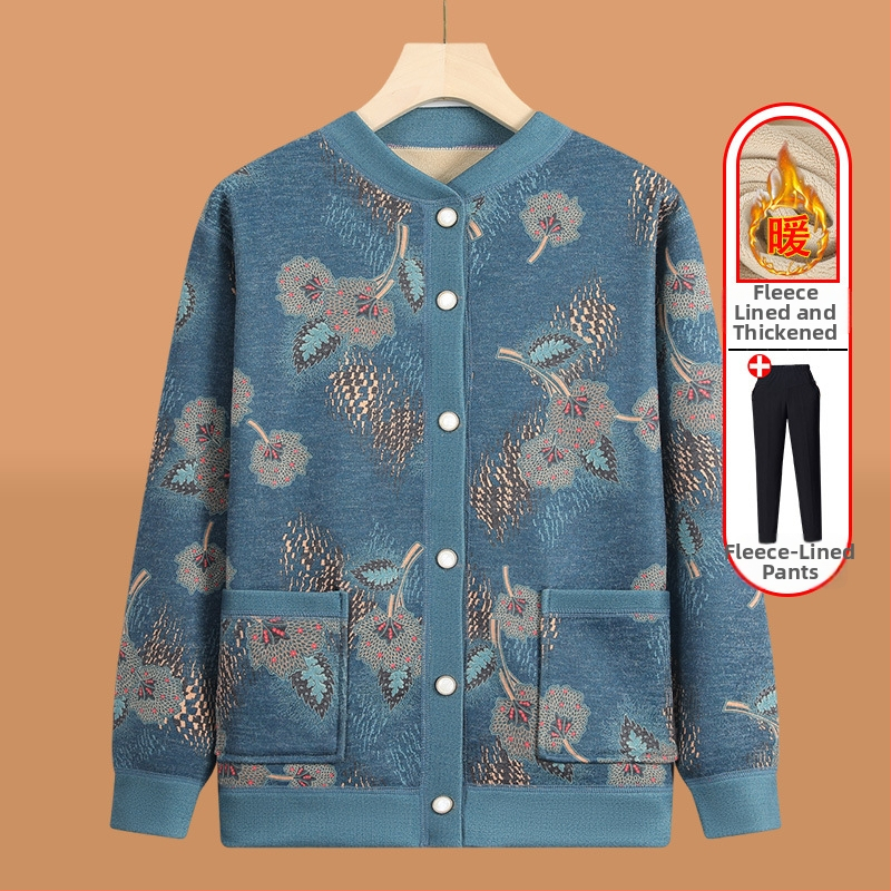 Pletený kardigán pre seniorov s fleecovou podšívkou, zimná sezóna, polyester (>95%), V-krk, dlhý rukáv, ležérny štýl