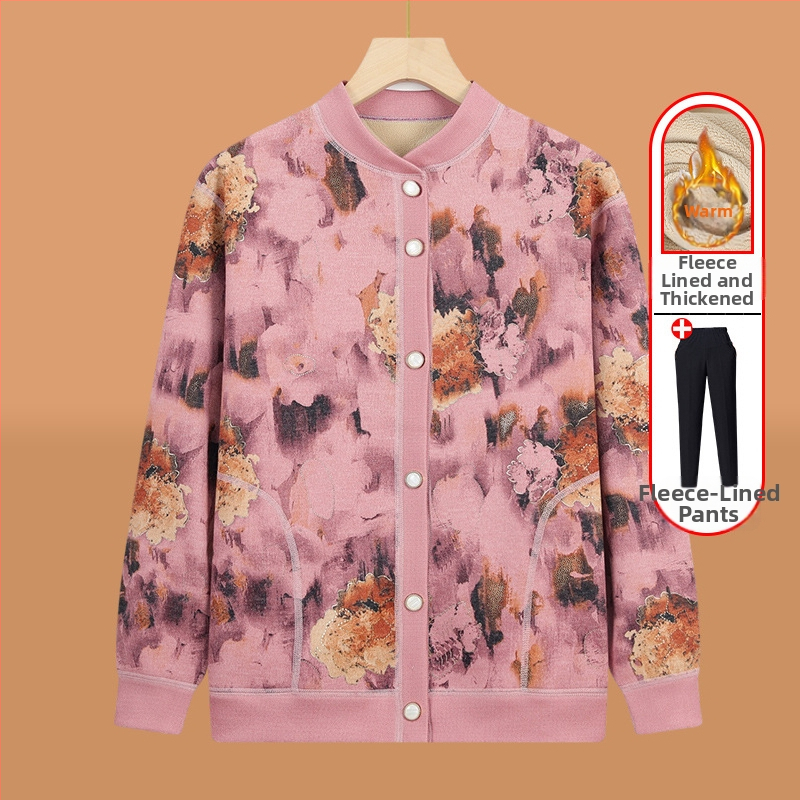 Pletený kardigán pre seniorov s fleecovou podšívkou, zimná sezóna, polyester (>95%), V-krk, dlhý rukáv, ležérny štýl