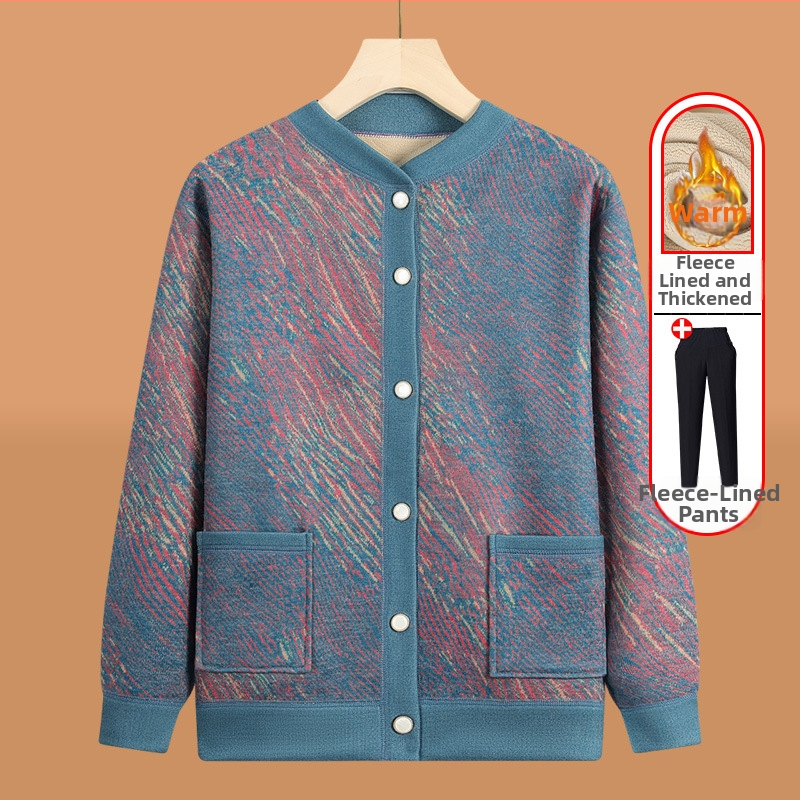 Pletený kardigán pre seniorov s fleecovou podšívkou, zimná sezóna, polyester (>95%), V-krk, dlhý rukáv, ležérny štýl