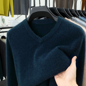 Férfi 100% gyapjú kötött pulóver, Slim fit, kerek nyak, hosszú ujjú, vastag kötés