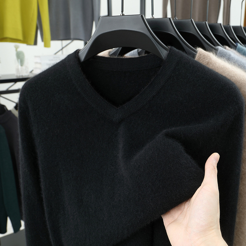 Férfi 100% gyapjú kötött pulóver, Slim fit, kerek nyak, hosszú ujjú, vastag kötés