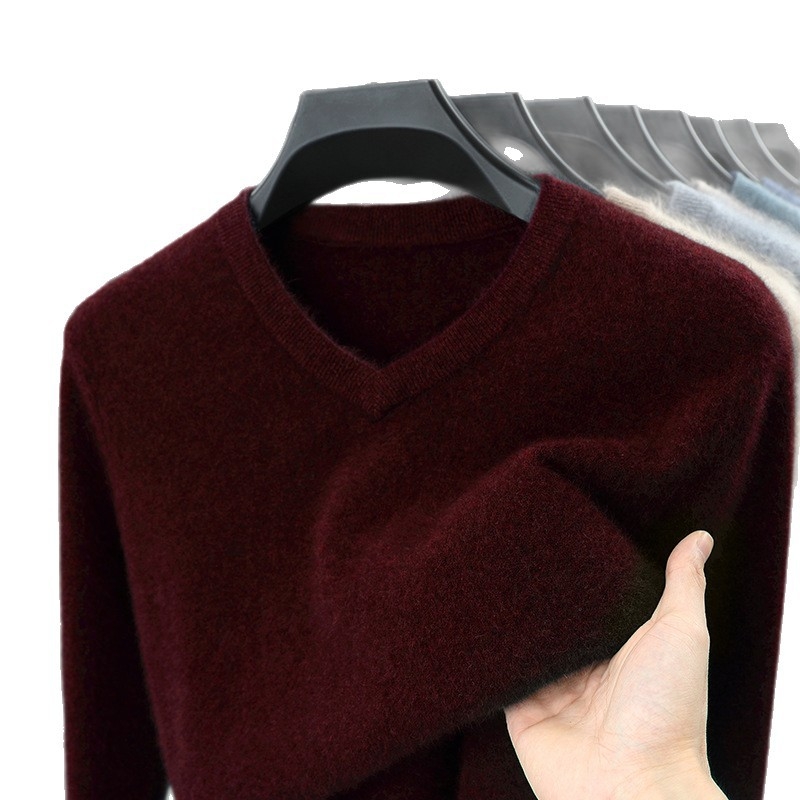 Férfi 100% gyapjú kötött pulóver, Slim fit, kerek nyak, hosszú ujjú, vastag kötés