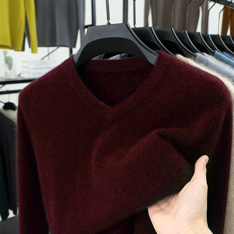 Férfi 100% gyapjú kötött pulóver, Slim fit, kerek nyak, hosszú ujjú, vastag kötés