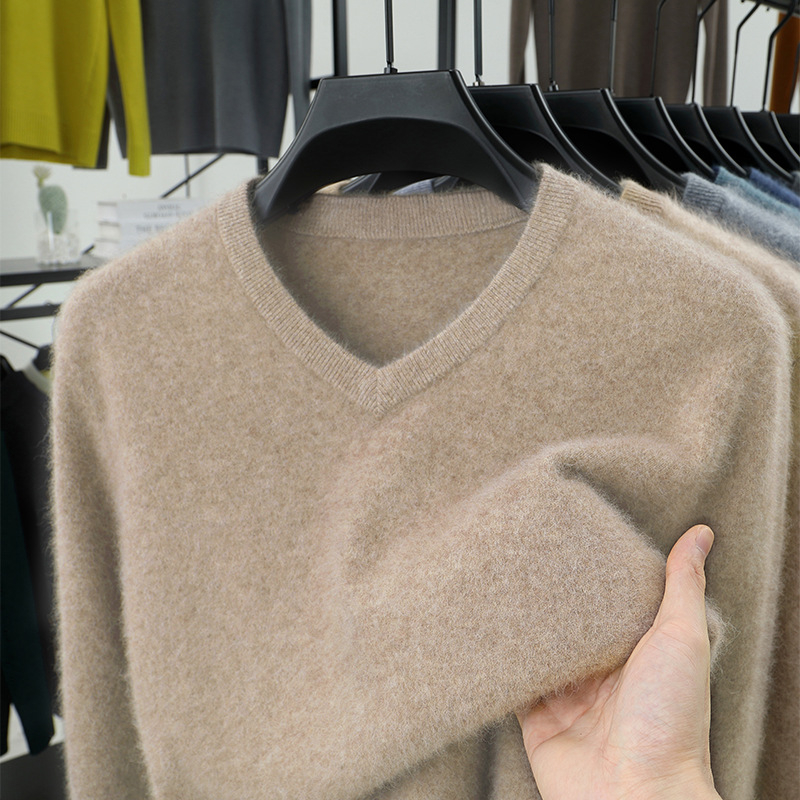 Férfi 100% gyapjú kötött pulóver, Slim fit, kerek nyak, hosszú ujjú, vastag kötés