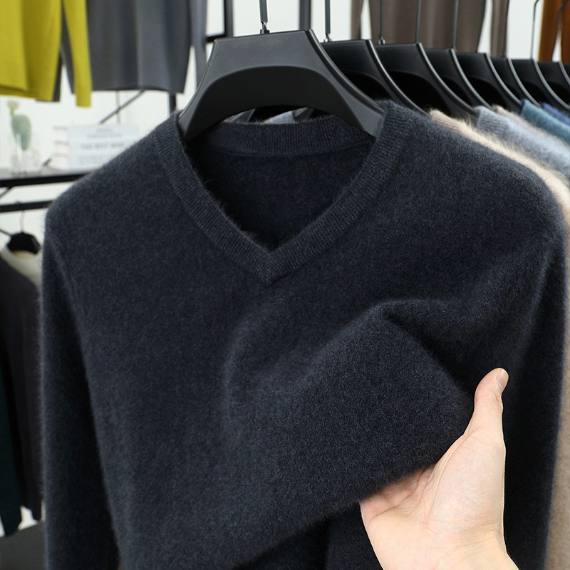 Férfi 100% gyapjú kötött pulóver, Slim fit, kerek nyak, hosszú ujjú, vastag kötés