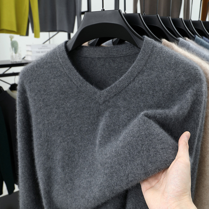 Férfi 100% gyapjú kötött pulóver, Slim fit, kerek nyak, hosszú ujjú, vastag kötés