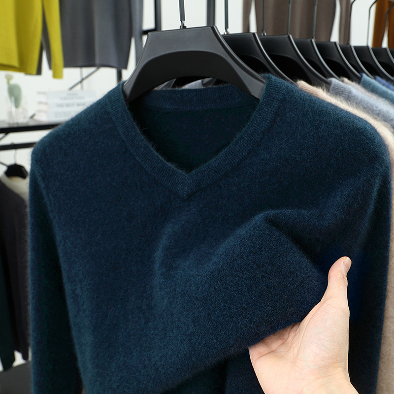 Férfi 100% gyapjú kötött pulóver, Slim fit, kerek nyak, hosszú ujjú, vastag kötés