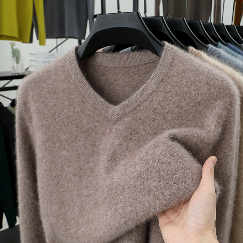 Férfi 100% gyapjú kötött pulóver, Slim fit, kerek nyak, hosszú ujjú, vastag kötés