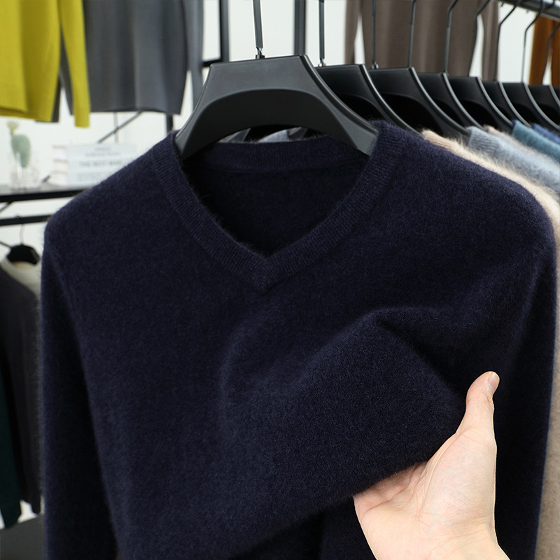 Férfi 100% gyapjú kötött pulóver, Slim fit, kerek nyak, hosszú ujjú, vastag kötés