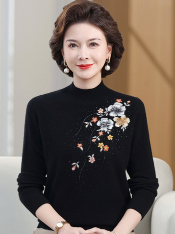 Pulover de lână pentru femei, croială lejeră, mâneci lungi, 95% lână+, broderie