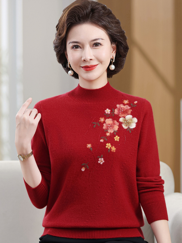 Pulover de lână pentru femei, croială lejeră, mâneci lungi, 95% lână+, broderie