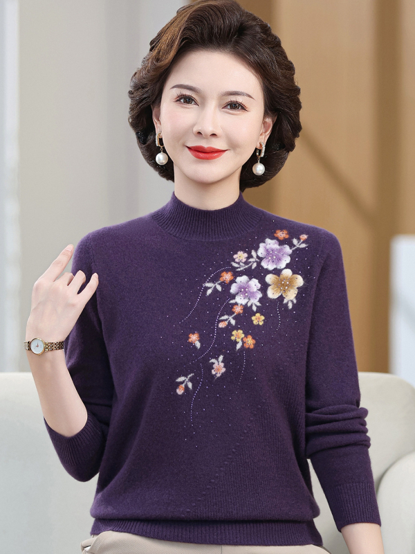 Pulover de lână pentru femei, croială lejeră, mâneci lungi, 95% lână+, broderie