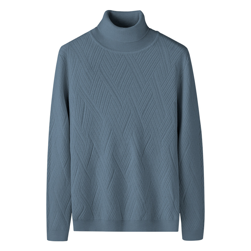 Pulover tricotat pentru bărbați, cu căptușeală fleece și guler înalt - croială slim, mâneci lungi, amestec de viscoză