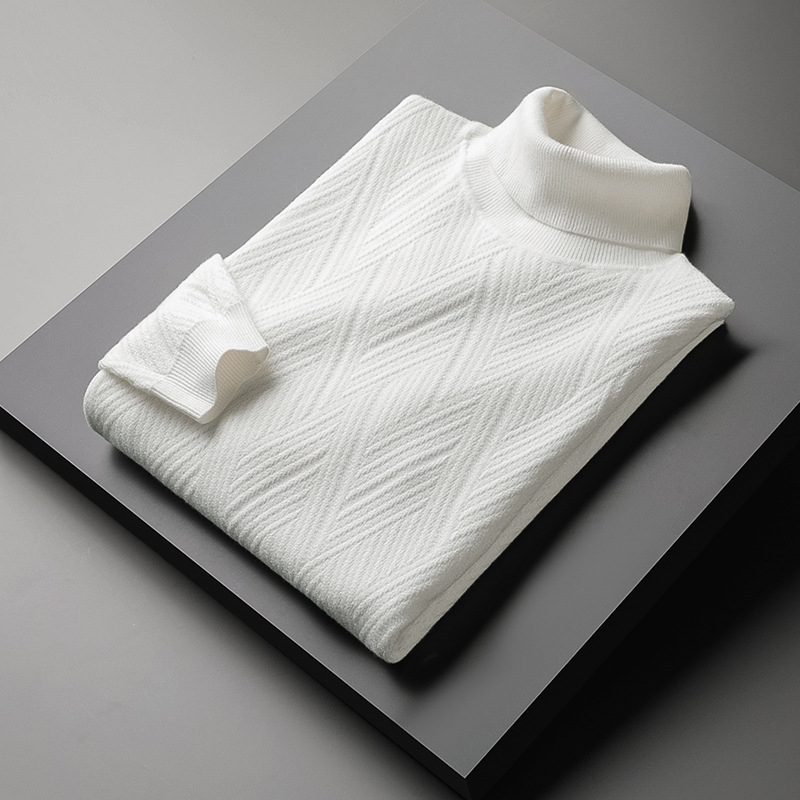 Pulover tricotat pentru bărbați, cu căptușeală fleece și guler înalt - croială slim, mâneci lungi, amestec de viscoză