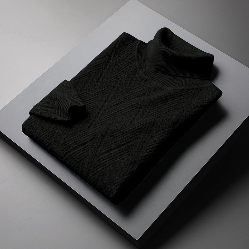 Pulover tricotat pentru bărbați, cu căptușeală fleece și guler înalt - croială slim, mâneci lungi, amestec de viscoză