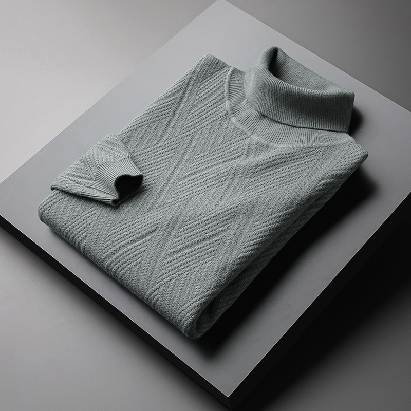 Pulover tricotat pentru bărbați, cu căptușeală fleece și guler înalt - croială slim, mâneci lungi, amestec de viscoză