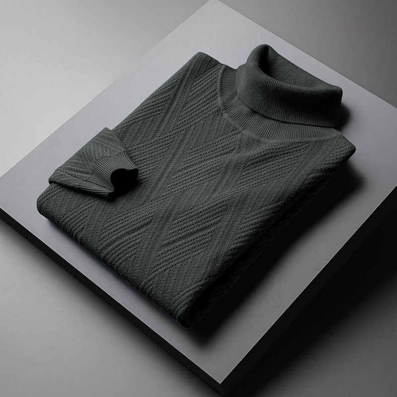 Pulover tricotat pentru bărbați, cu căptușeală fleece și guler înalt - croială slim, mâneci lungi, amestec de viscoză