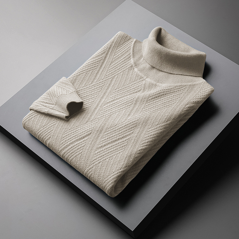 Pulover tricotat pentru bărbați, cu căptușeală fleece și guler înalt - croială slim, mâneci lungi, amestec de viscoză