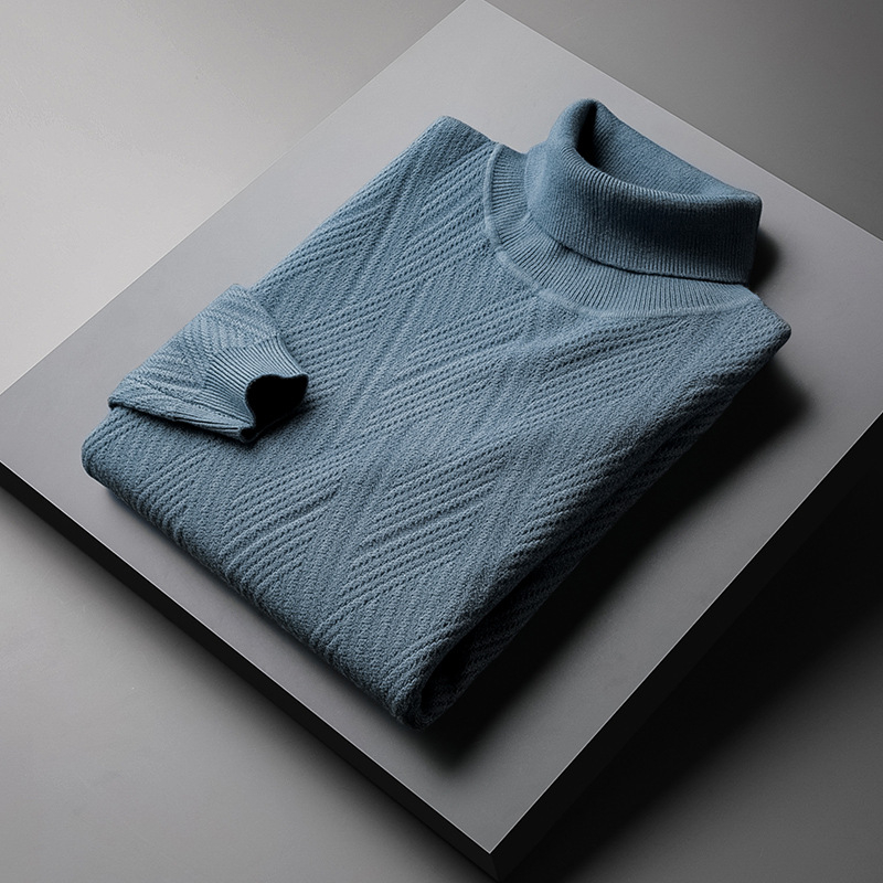 Pulover tricotat pentru bărbați, cu căptușeală fleece și guler înalt - croială slim, mâneci lungi, amestec de viscoză