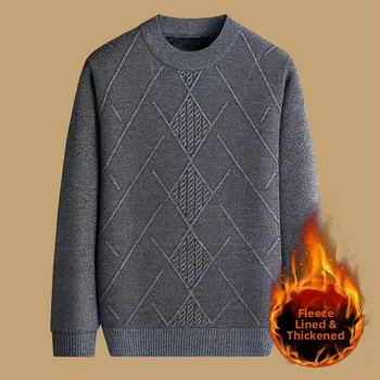 Vyrinis žieminis megztinis su džakardo raštu, apvalus kaklas, fliso pamušalas, 30–35% vilnos, vidutinio ilgio