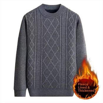 Vyrinis žieminis megztinis su džakardo raštu, apvalus kaklas, fliso pamušalas, 30–35% vilnos, vidutinio ilgio