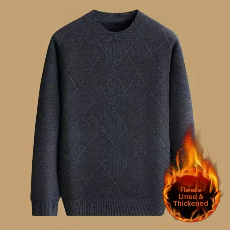 Pánsky zimný sveter s jacquardom, okrúhly výstrih, fleecovou podšívkou, 30–35% vlna, stredná dĺžka