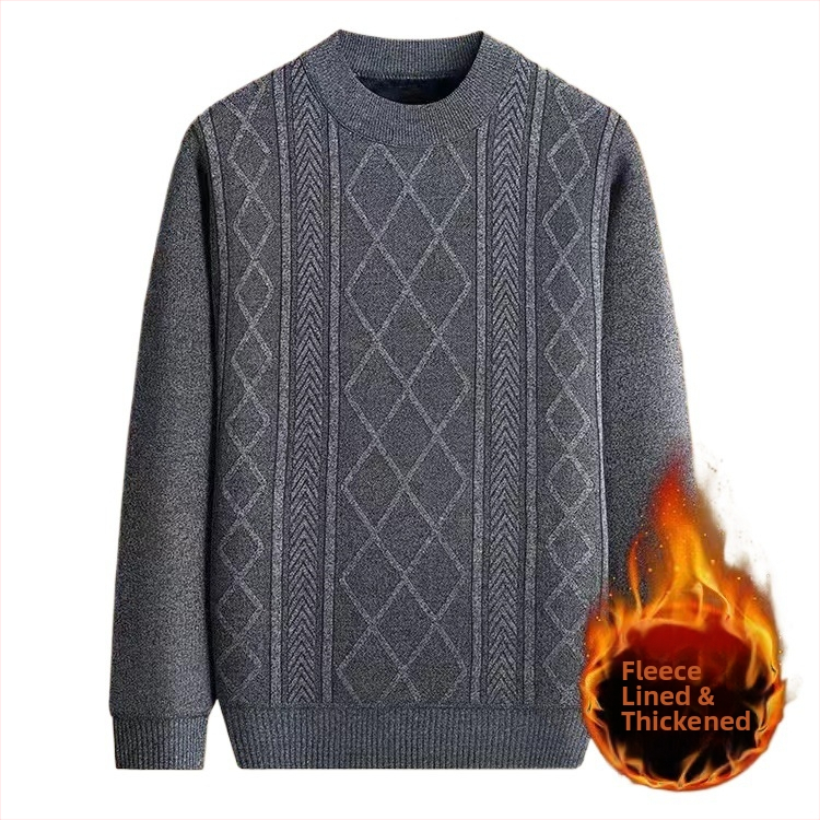 Pánsky zimný sveter s jacquardom, okrúhly výstrih, fleecovou podšívkou, 30–35% vlna, stredná dĺžka
