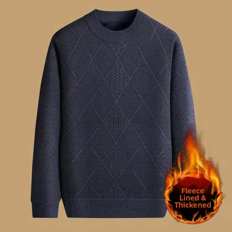 Vyrinis žieminis megztinis su džakardo raštu, apvalus kaklas, fliso pamušalas, 30–35% vilnos, vidutinio ilgio