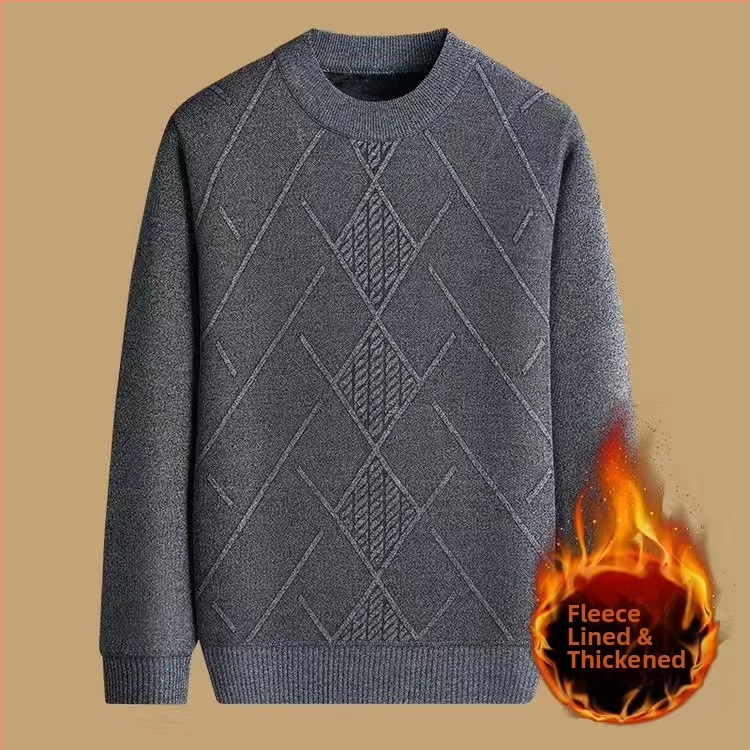 Vyrinis žieminis megztinis su džakardo raštu, apvalus kaklas, fliso pamušalas, 30–35% vilnos, vidutinio ilgio