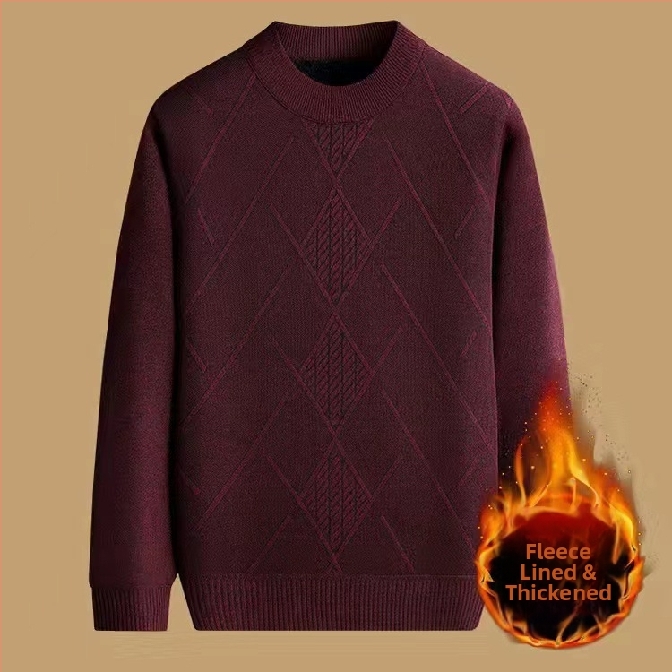 Vyrinis žieminis megztinis su džakardo raštu, apvalus kaklas, fliso pamušalas, 30–35% vilnos, vidutinio ilgio